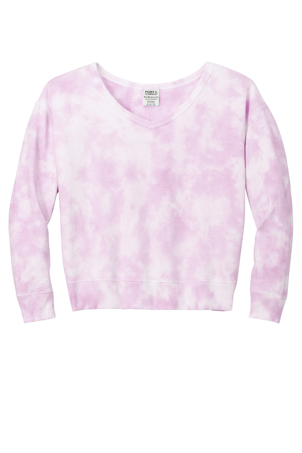 Print-View Port & Co™ Women's Beach Wash® Cloud Tie-Dye V-Neck Sweatshirt, pink front view showcasing soft fabric and relaxed fit.