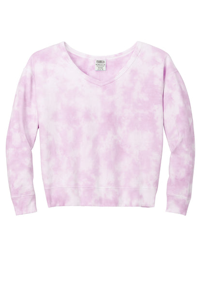 Print-View Port & Co™ Women's Beach Wash® Cloud Tie-Dye V-Neck Sweatshirt, pink front view showcasing soft fabric and relaxed fit.