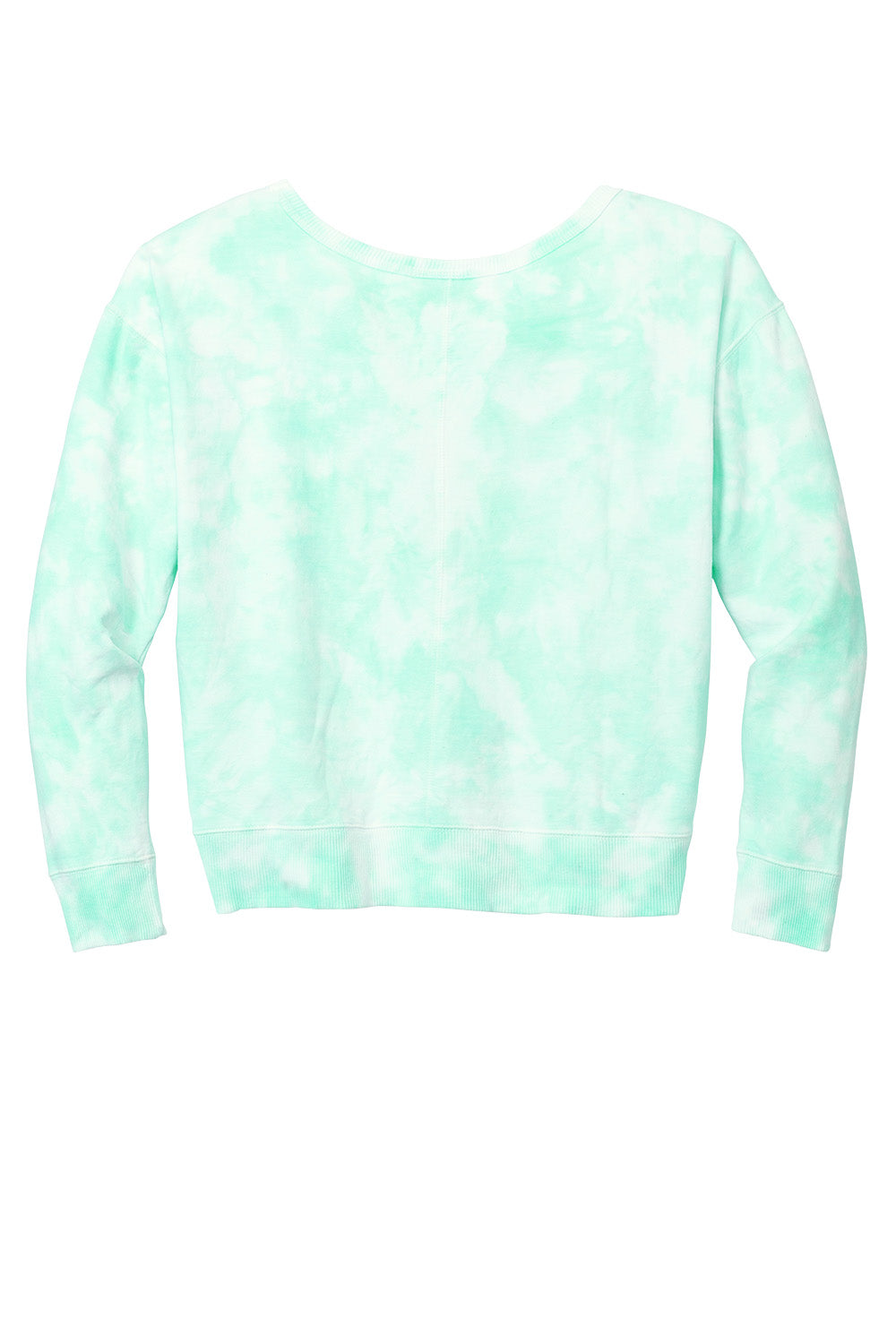 Print-View Port & Co™ Women's Beach Wash® Cloud Tie-Dye V-Neck Sweatshirt laid flat, cool mint color, soft fabric, V-neck design.