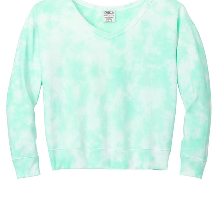 Port & Co Women's Beach Wash Cloud Tie-Dye V-Neck Sweatshirt blue front view — cloud pattern uniqueness, personalization-ready