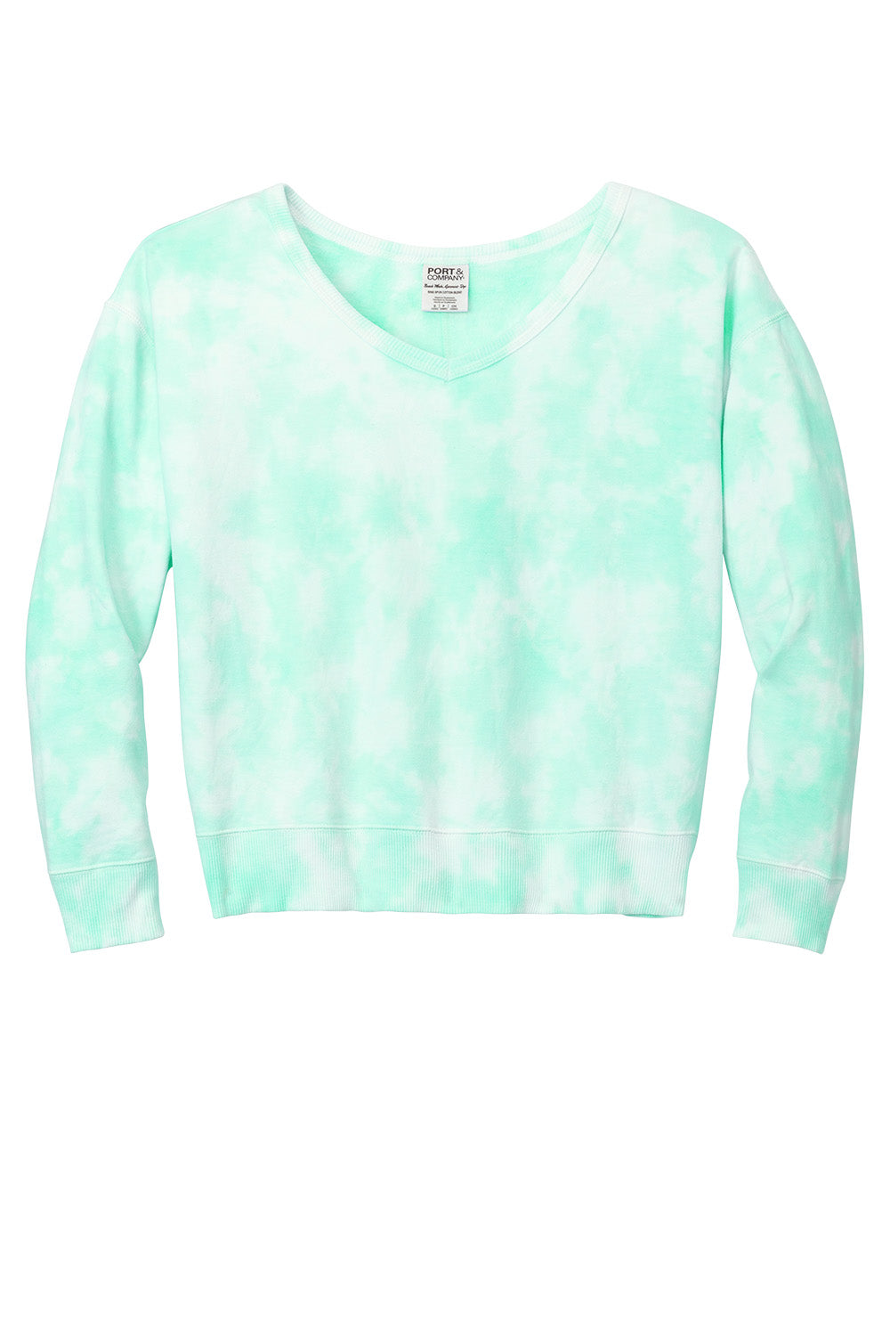 Light blue Port & Co™ Women's Beach Wash® Cloud Tie-Dye V-Neck Sweatshirt laid flat, showing the soft fabric and relaxed fit.