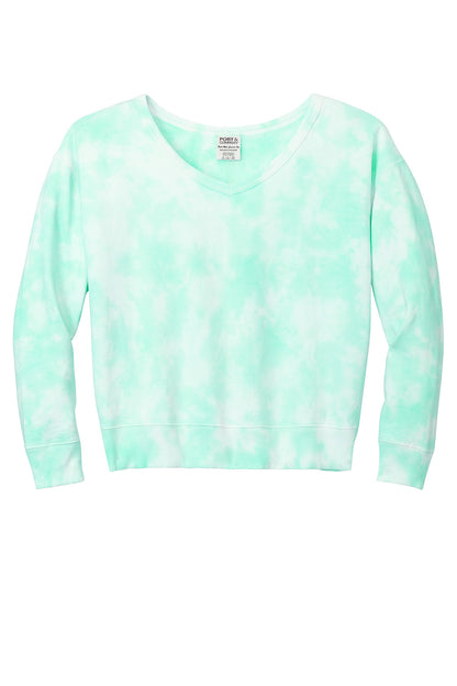 Light blue Port & Co™ Women's Beach Wash® Cloud Tie-Dye V-Neck Sweatshirt laid flat, showing the soft fabric and relaxed fit.