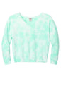 Light blue Port & Co™ Women's Beach Wash® Cloud Tie-Dye V-Neck Sweatshirt laid flat, showing the soft fabric and relaxed fit.