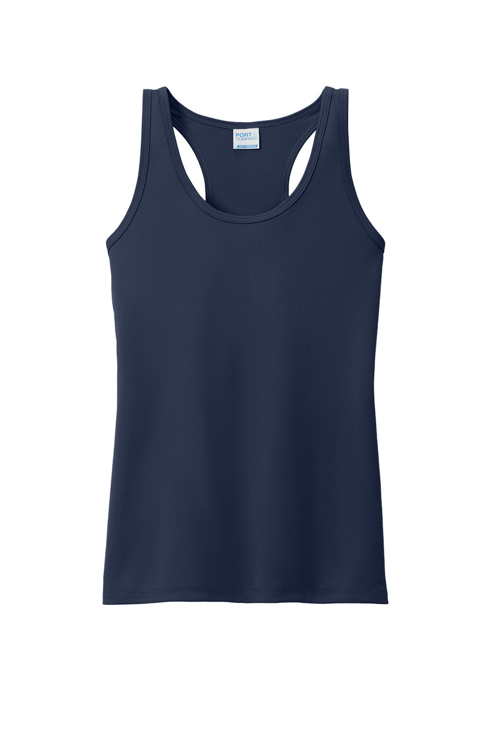 Print-View Port & Co™ women's performance tank top in true navy, shown from the front with a fitted athletic design.