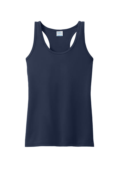 Print-View Port & Co™ women's performance tank top in true navy, shown from the front with a fitted athletic design.