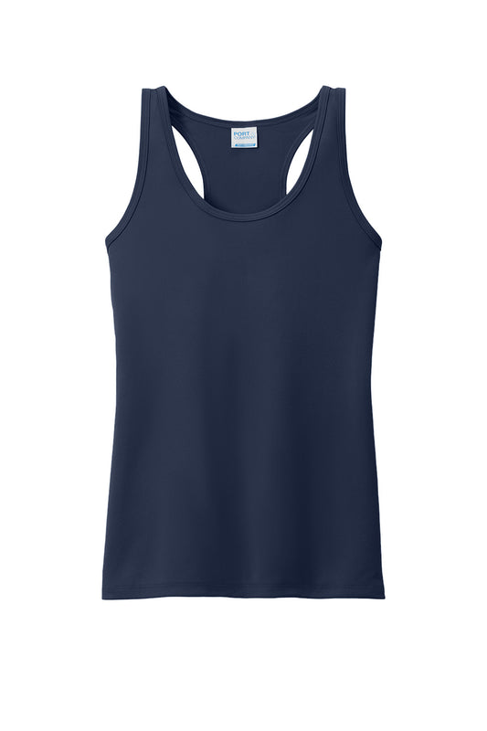 Print-View Port & Co™ women's performance tank top in true navy, shown from the front with a fitted athletic design.