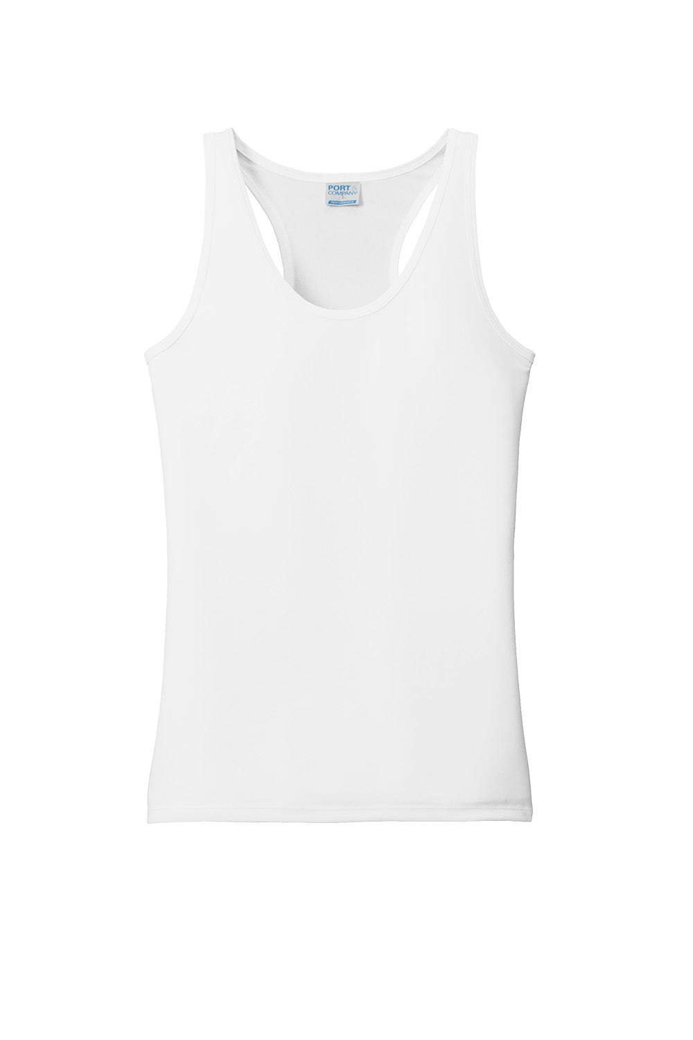 White Port & Co™ women's performance tank top with a flat front, made by Print-View, displayed on a flat background.
