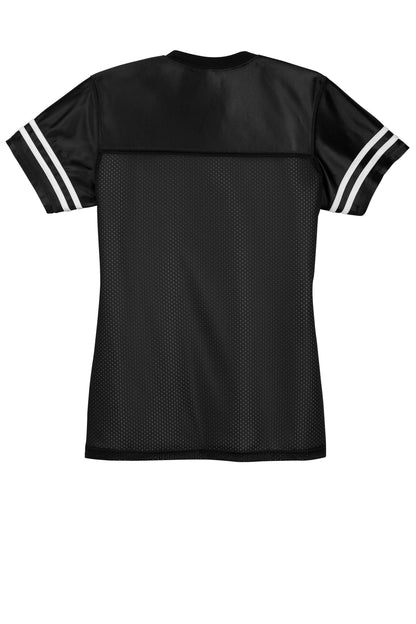 Black and white Sport-Tek® Women's PosiCharge® Replica Jersey displayed flat, showing front and back design details.