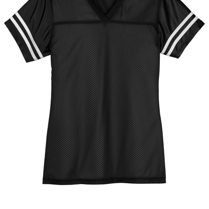  Sport-Tek Womens PosiCharge Replica Jersey black front view – crossover V-neck, ready for customization | Print-View