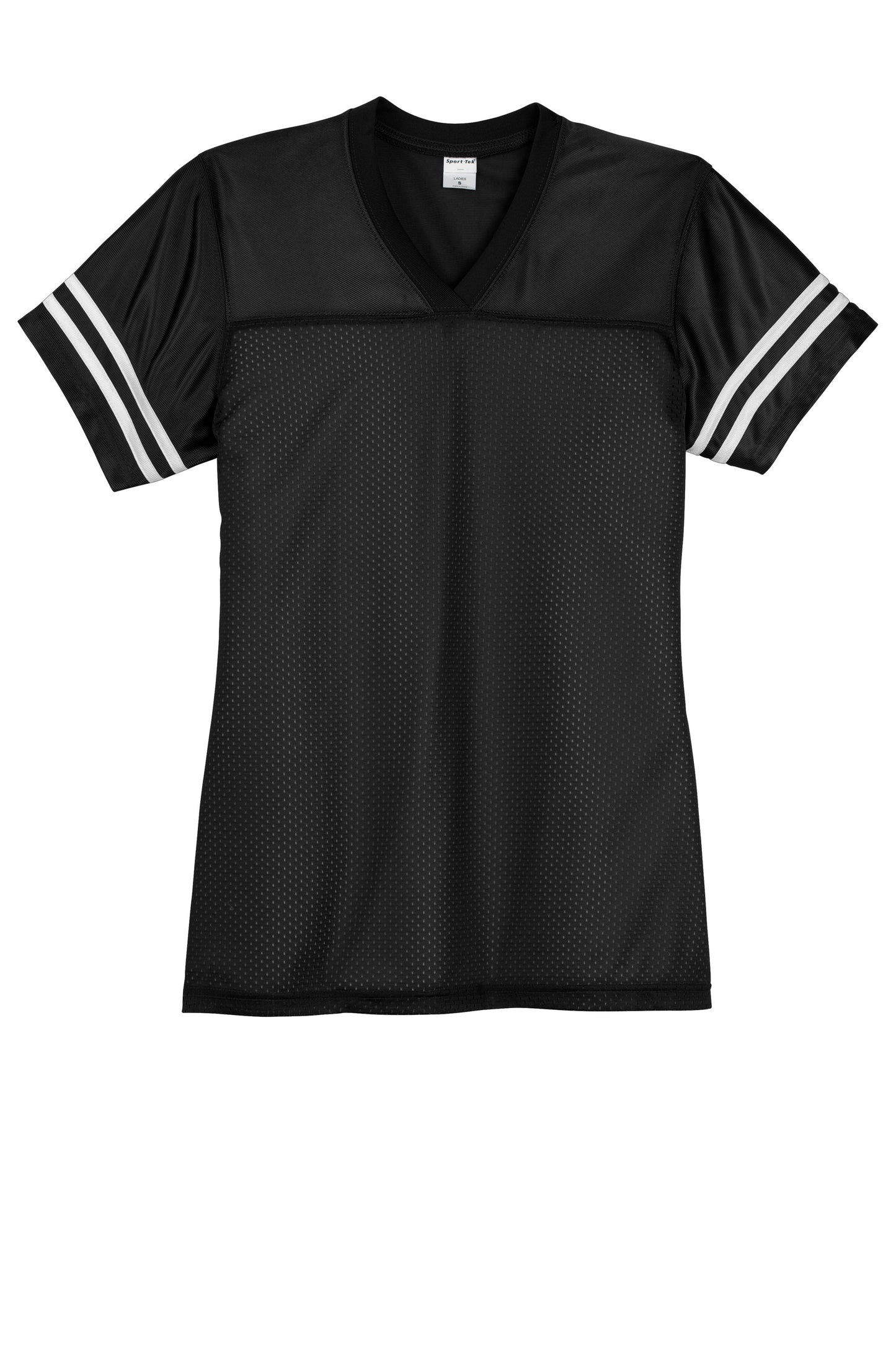 Black and white Sport-Tek® women's replica jersey with flat front design by Print-View, showcasing sporty athletic apparel.
