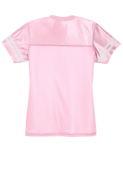 Light pink and white Sport-Tek® Women's PosiCharge® Replica Jersey displayed flat, showing front and back design details.