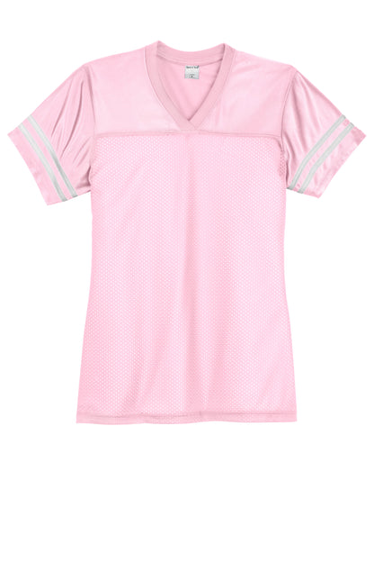 Light pink and white Sport-Tek Women's PosiCharge Replica Jersey laying flat, showing front design and fabric texture.