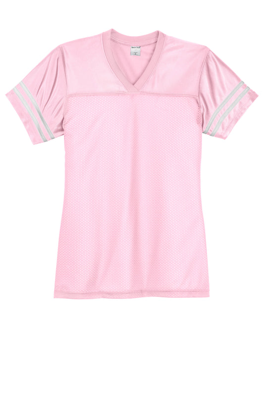 Light pink and white Sport-Tek Women's PosiCharge Replica Jersey laying flat, showing front design and fabric texture.