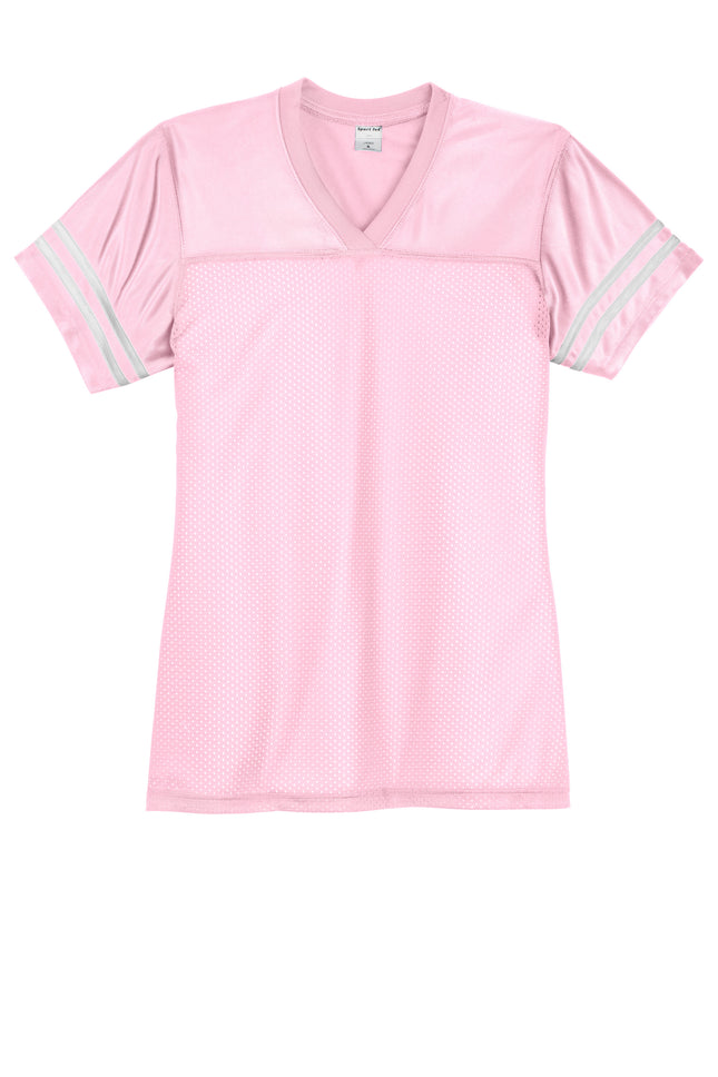  Sport-Tek Womens PosiCharge Replica Jersey pink  front view – team color, add name & number | Print-View