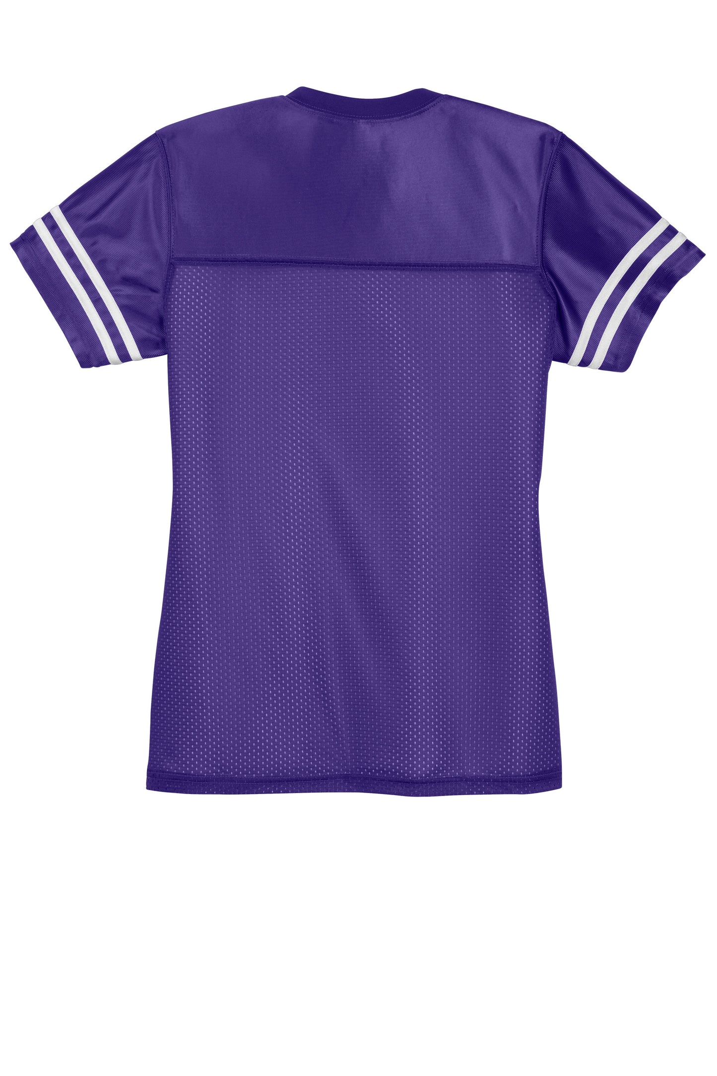 Purple and white Sport-Tek® Women's PosiCharge® Replica Jersey shown flat back view, featuring breathable fabric and team-inspired design.