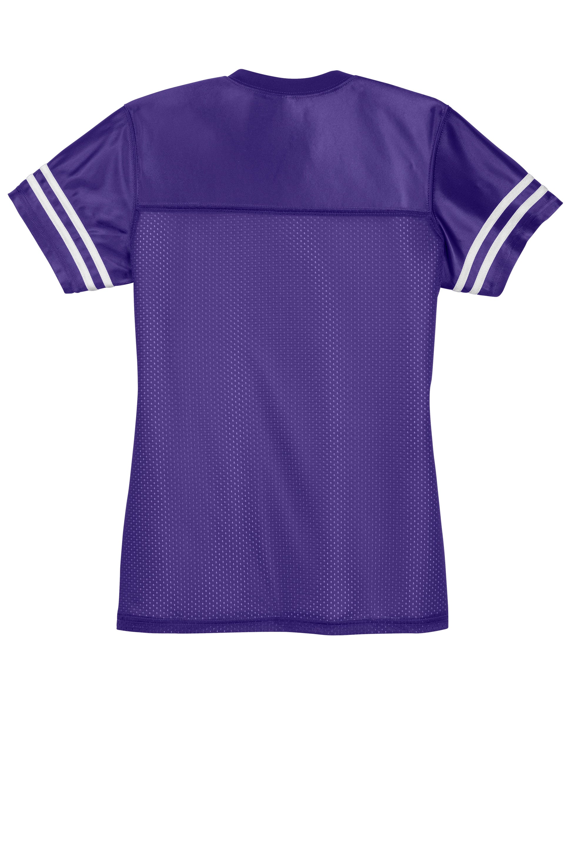 Purple and white Sport-Tek® Women's PosiCharge® Replica Jersey shown flat back view, featuring breathable fabric and team-inspired design.