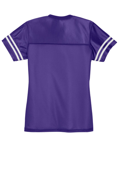 Purple and white Sport-Tek® Women's PosiCharge® Replica Jersey shown flat back view, featuring breathable fabric and team-inspired design.