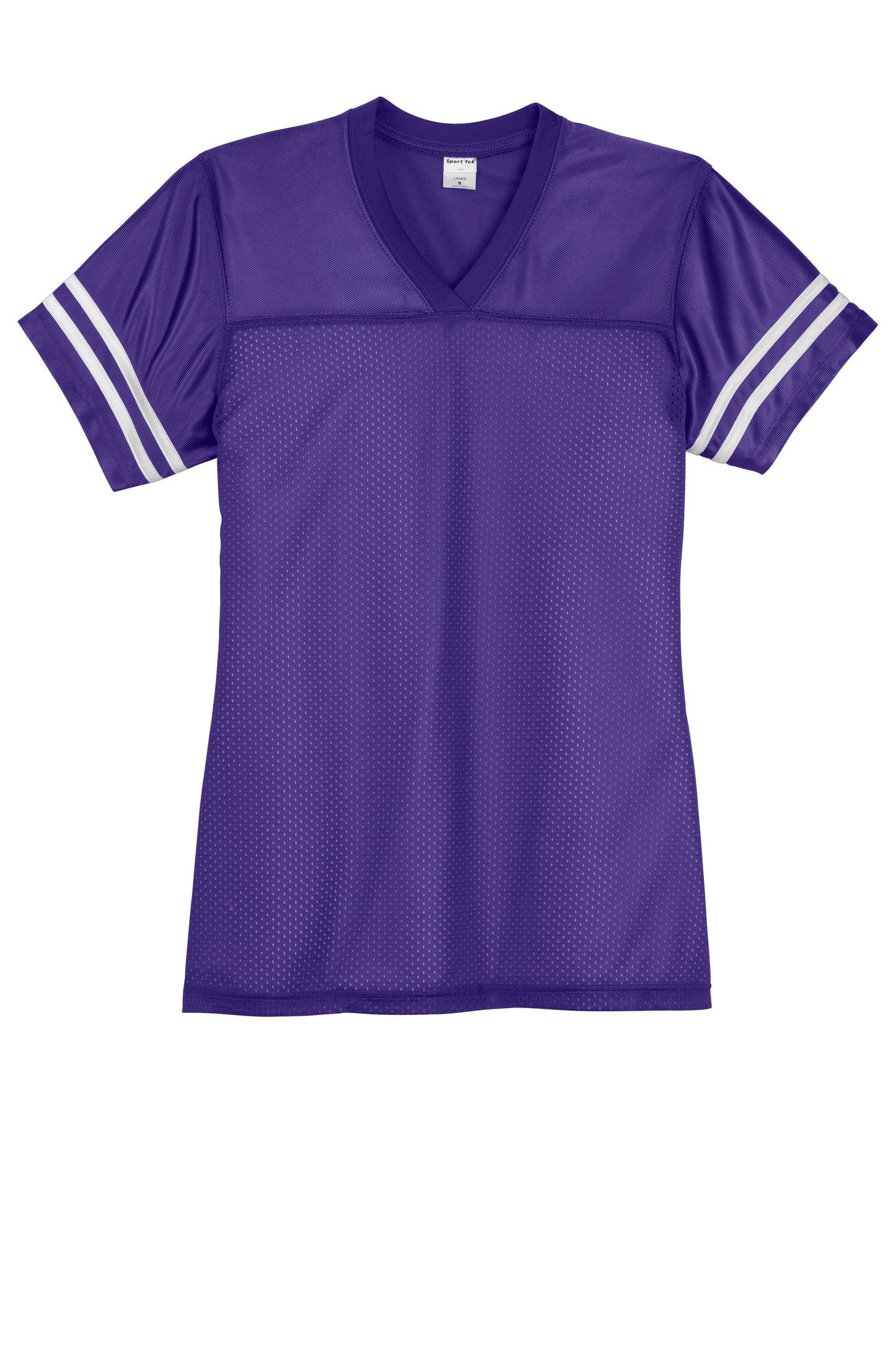 Purple and white Sport-Tek Women's PosiCharge Replica Jersey by Print-View, front view showing athletic jersey design.
