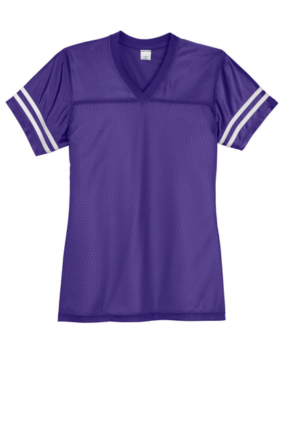 Purple and white Sport-Tek Women's PosiCharge Replica Jersey by Print-View, front view showing athletic jersey design.