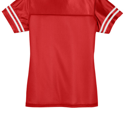 Sport-Tek Womens PosiCharge Replica Jersey red back view – show customizable back for names & numbers | Print-View