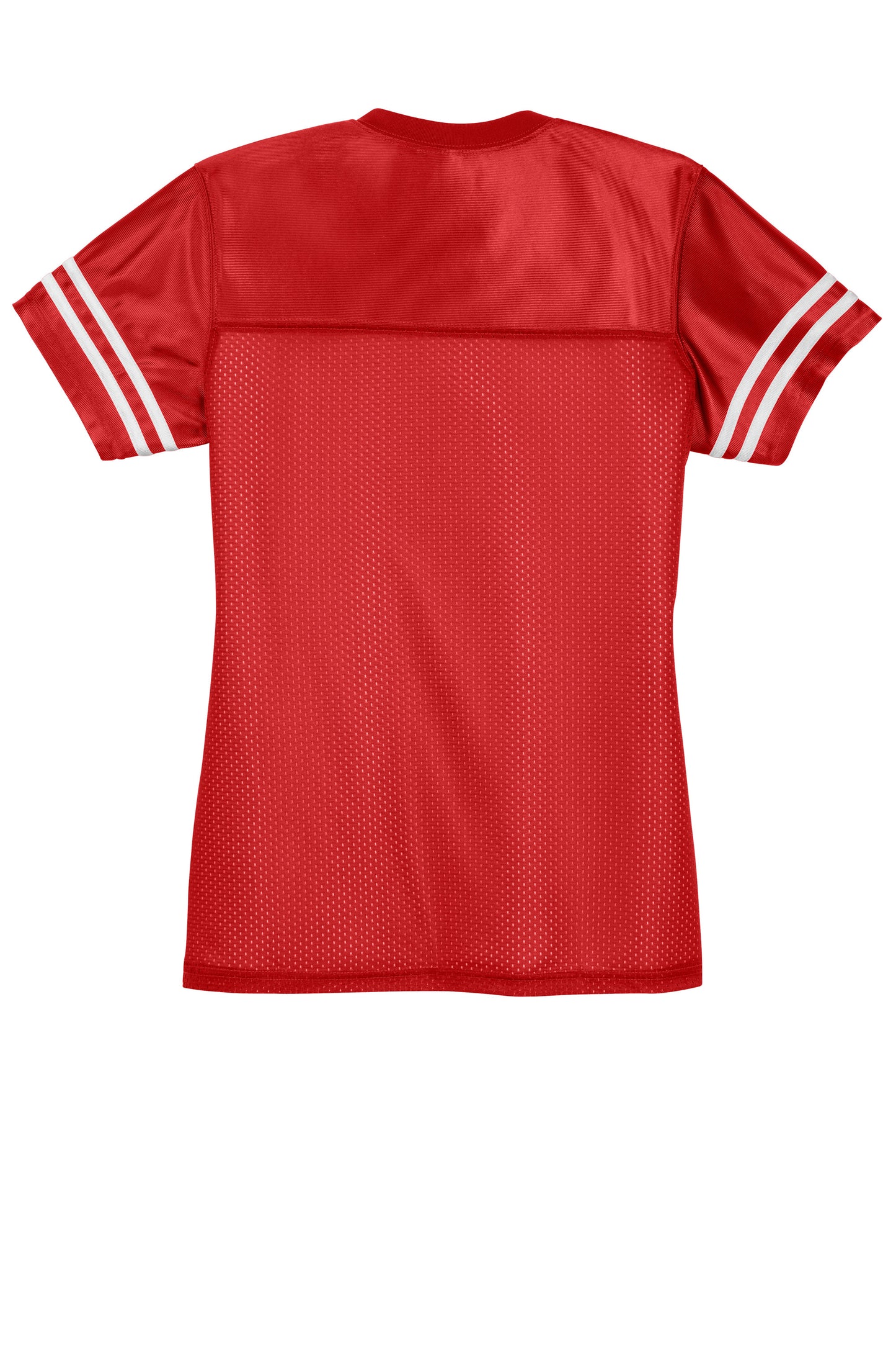 Print-View Sport-Tek Women's PosiCharge Replica Jersey in true red and white, flat back view showing breathable athletic fabric.