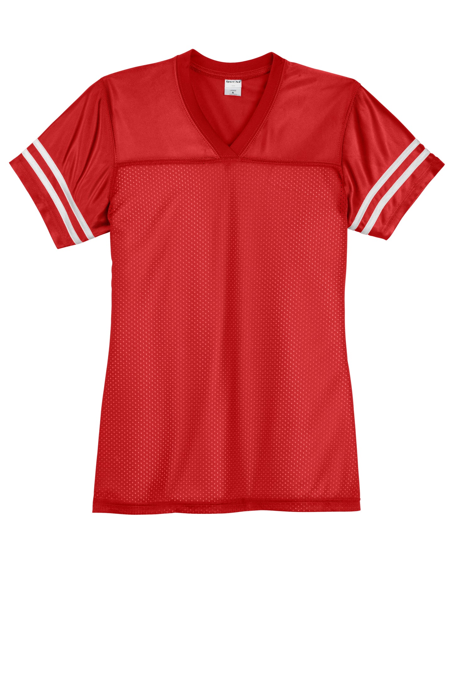 Red and white Sport-Tek® Women's PosiCharge® Replica Jersey flat front view, showcasing breathable fabric and sporty design.