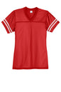 Red and white Sport-Tek® Women's PosiCharge® Replica Jersey flat front view, showcasing breathable fabric and sporty design.