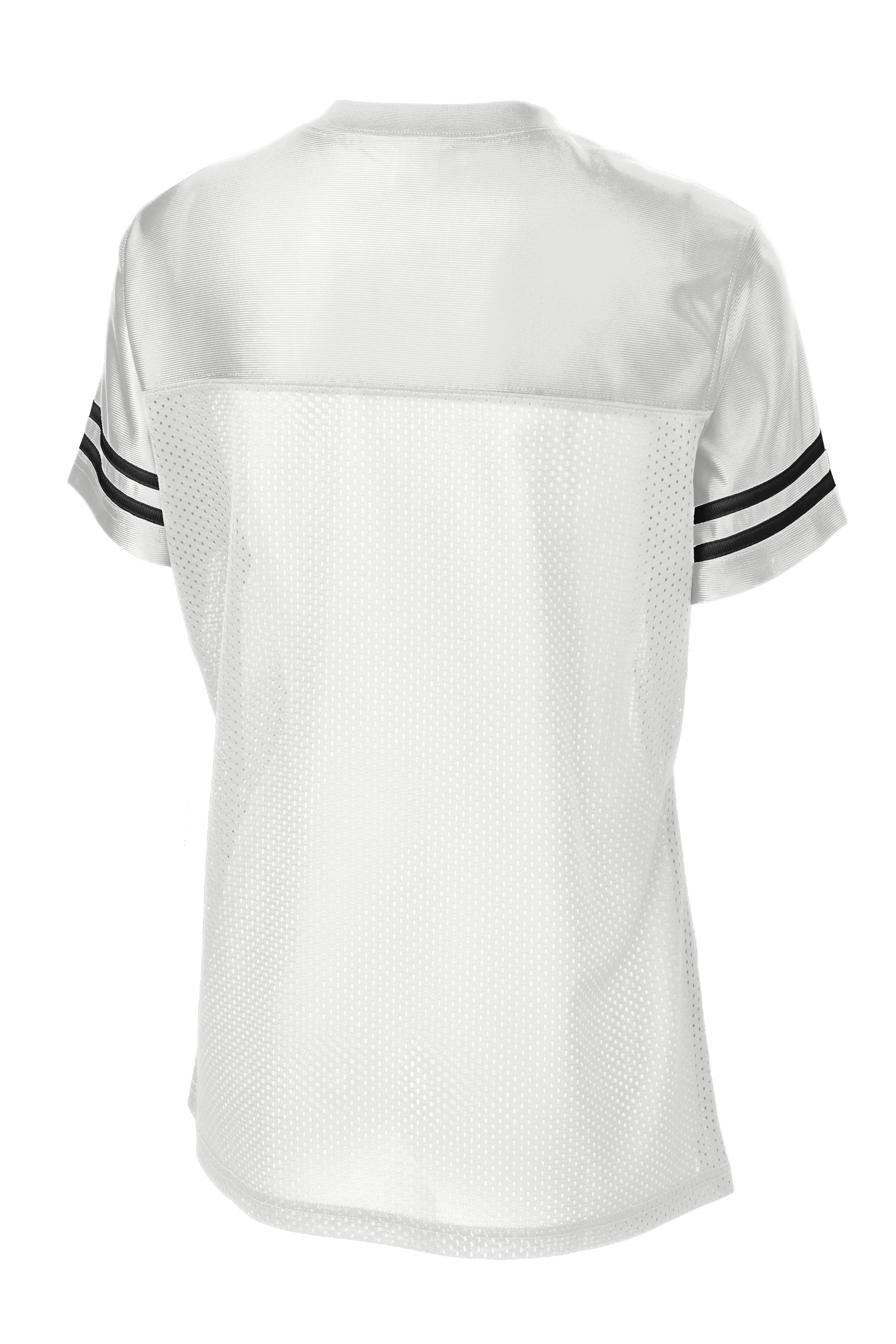 White Sport-Tek Women's PosiCharge Replica jersey with back view, featuring team number and athletic fit.