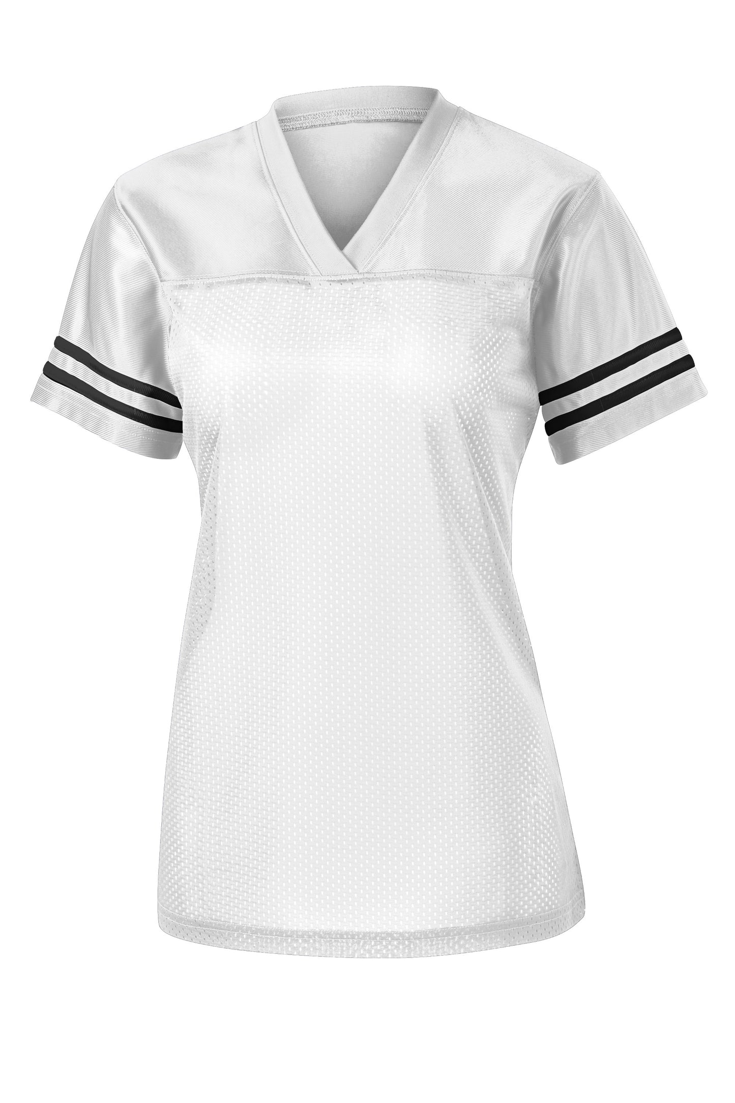 White Sport-Tek® Women's PosiCharge® Replica Jersey with front view, showcasing breathable athletic fabric and team branding.