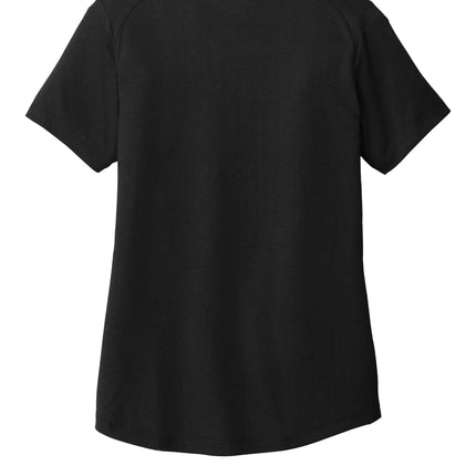 Back: "Sport-Tek® Women's PosiCharge® Tri-Blend Wicking Polo — Black — back view, smooth finish and tag-free design.