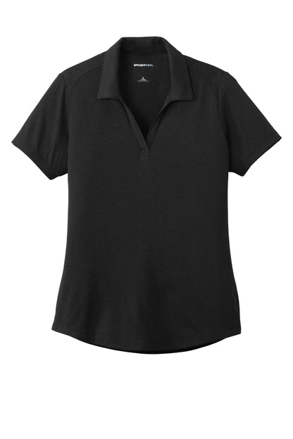Black Sport-Tek Women's PosiCharge Tri-Blend Wicking Polo shirt with flat front, designed for moisture-wicking and comfort.