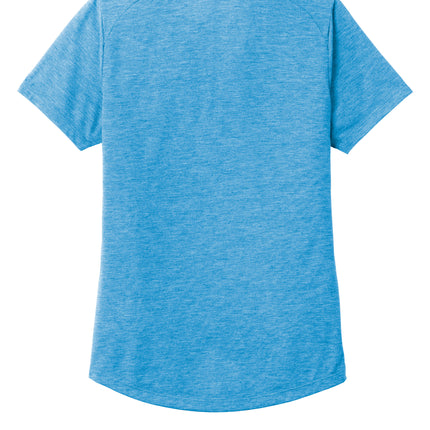  Back: "Sport-Tek® Women's PosiCharge® Tri-Blend Wicking Polo — blue— back view showing seamless finish."