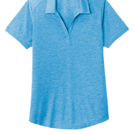 Front: "Sport-Tek® Women's PosiCharge® Tri-Blend Wicking Polo — blue — front view, soft tri-blend hand and moisture-wicking performance."