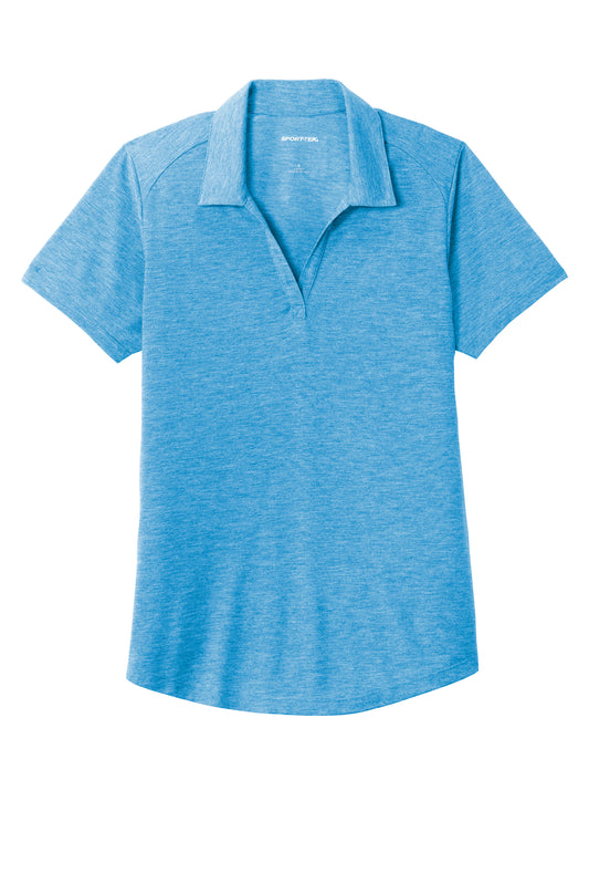 Women's Sport-Tek PosiCharge tri-blend wicking polo shirt in pond blue heather, showing front view with short sleeves and collar.