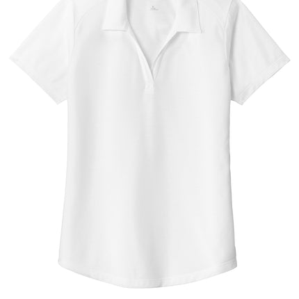  Front: "Sport-Tek® Women's PosiCharge® Tri-Blend Wicking Polo — White— front view, breathable tri-blend fabric and professional collar."