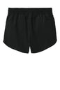 Black Sport-Tek women's Repeat Swift short pant with flat back design, suitable for athletic and casual wear.
