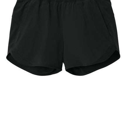 Sport-Tek Women’s Repeat Swift Short front view — black; snag-resistant fabric, drawcord waistband and side pockets (personalize at Print-View)