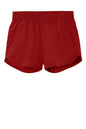 Deep red Sport-Tek® Women’s Repeat Swift short pant with flat front, casual athletic style, by Print-View.