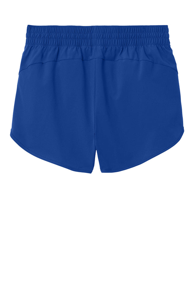 Sport-Tek Women’s Repeat Swift Short back view — blue; scallop vents and rear mesh panels for breathability (Print-View personalization).