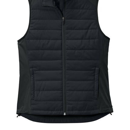 Sport-Tek Women's Teknical Hybrid Vest black front view – hybrid insulated baffles with stretch body, zippered pockets, DWR finish, personalized by Print-View.