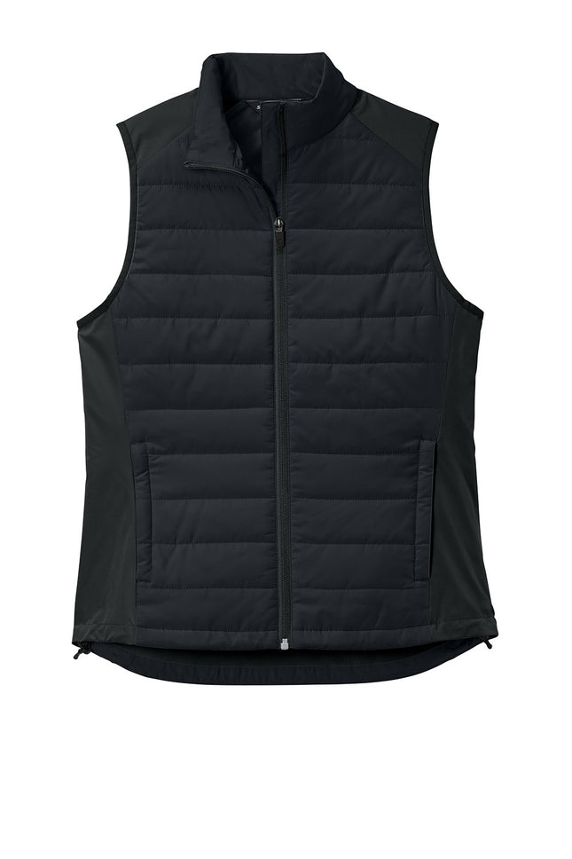 Sport-Tek Women's Teknical Hybrid Vest black front view – hybrid insulated baffles with stretch body, zippered pockets, DWR finish, personalized by Print-View.