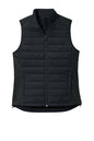Black Sport-Tek Women's Teknical Hybrid vest by Print-View, showing a sleek front view with adjustable collar and zip closure.
