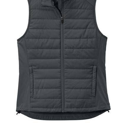 Sport-Tek Women's Teknical Hybrid Vest iron grey front view – insulated polyester baffles with stretch body, zippered pockets, personalized by Print-View.