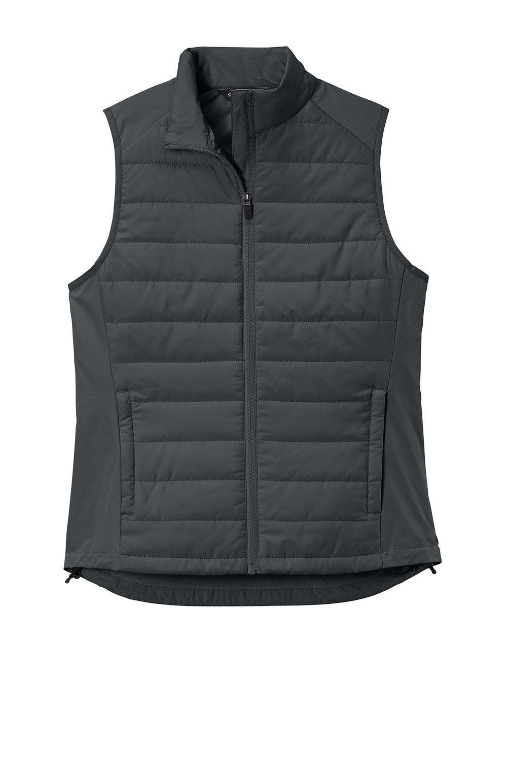 Print-View Sport-Tek® women’s Teknical Hybrid vest in iron grey, shown from the front with a sleek, fitted design and zip closure.