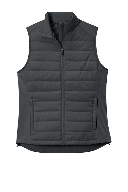 Print-View Sport-Tek® women’s Teknical Hybrid vest in iron grey, shown from the front with a sleek, fitted design and zip closure.