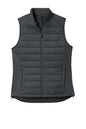 Print-View Sport-Tek® women’s Teknical Hybrid vest in iron grey, shown from the front with a sleek, fitted design and zip closure.
