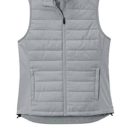 port-Tek Women's Teknical Hybrid Vest silver flat front view – performance hybrid construction, zip pockets and DWR finish, Print-View custom options.