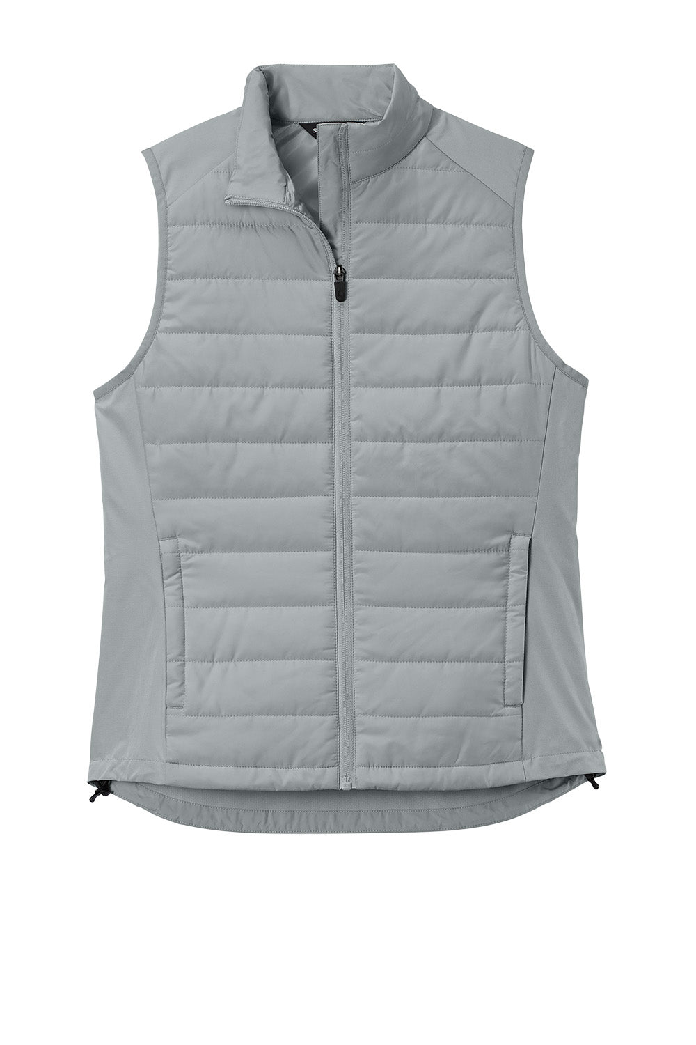Sport-Tek Women’s Teknical Hybrid vest with silver fabric, front view showing sleek, lightweight design and sporty style.