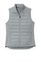Sport-Tek Women’s Teknical Hybrid vest with silver fabric, front view showing sleek, lightweight design and sporty style.