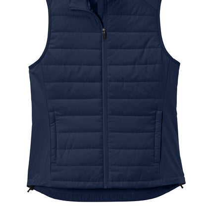 Sport-Tek Women's Teknical Hybrid Vest true navy front view – hybrid vest with DWR finish and zip pockets, Print-View custom name/logo options.